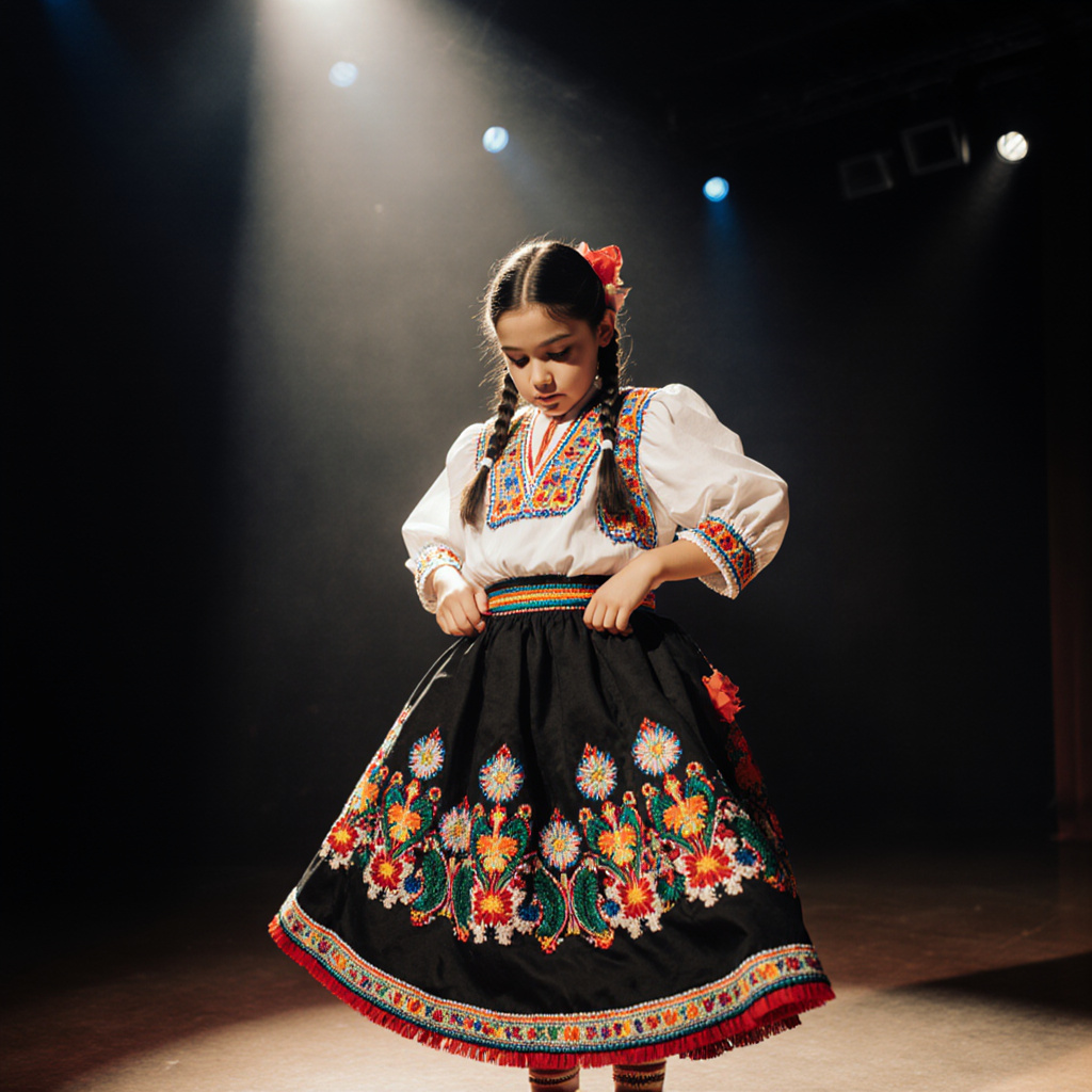Young teenage girl in colorful folklórico costume with embroidered skirt, preparing backstage before a cultural dance performance
