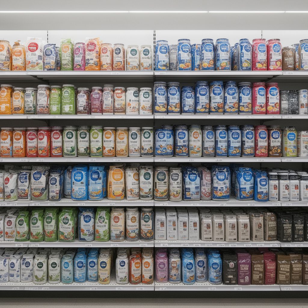 Retail shelf with products grouped in a repeating rhythm