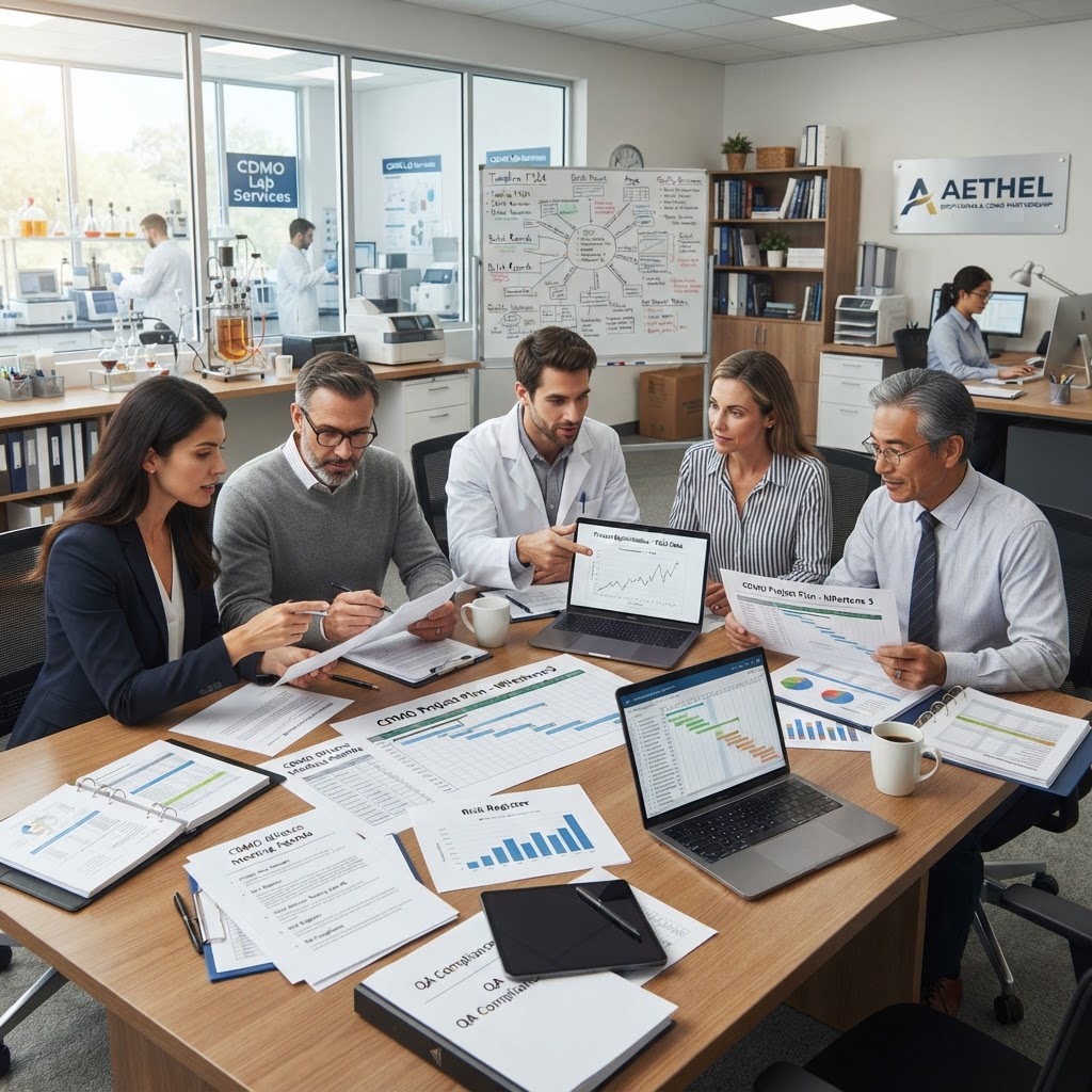 Pharmaceutical project management team collaboration in CDMO partnership