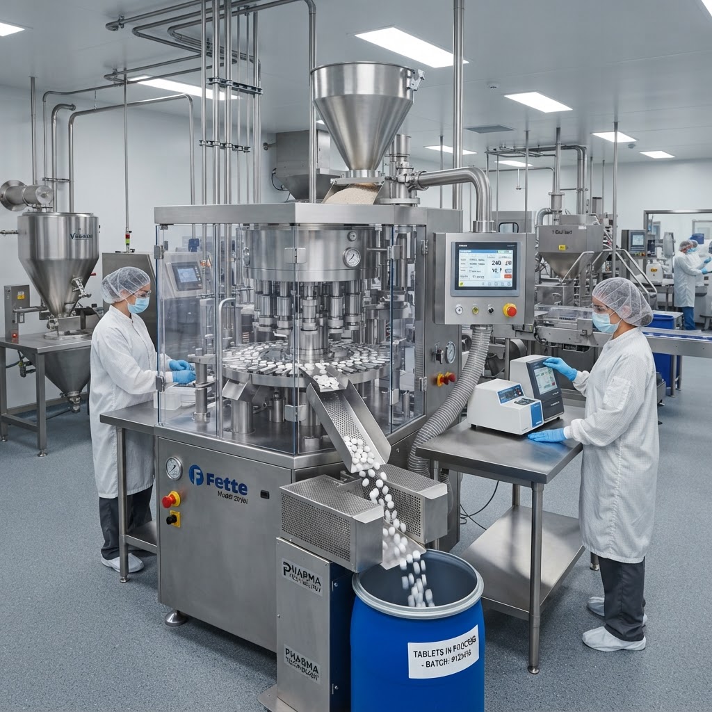 Oral solid dosage manufacturing process with tablet compression equipment