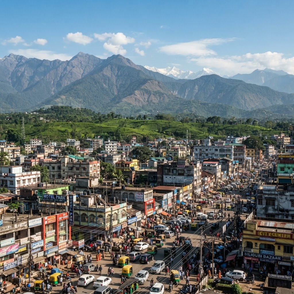 Siliguri city with Himalayan foothills and tea gardens in the distance