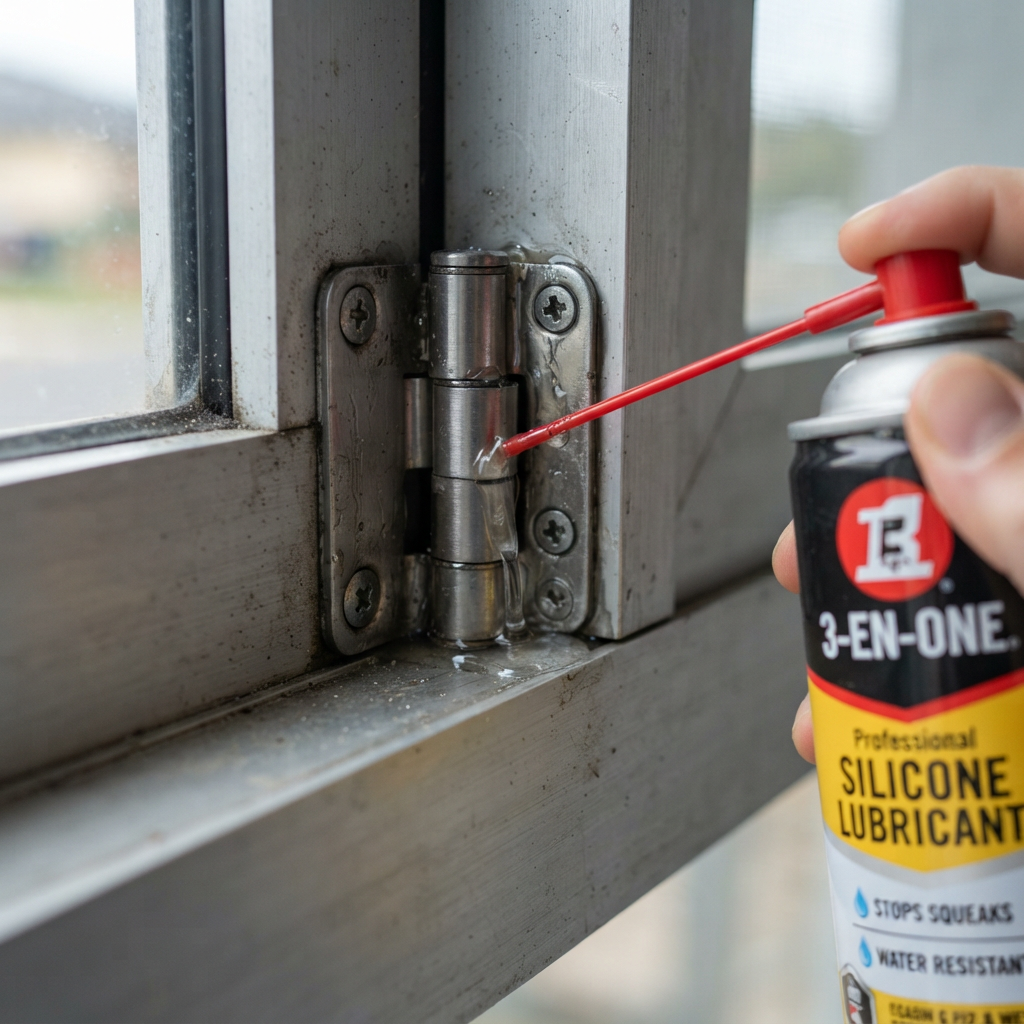 Silicone lubricant being applied to an aluminium window hinge