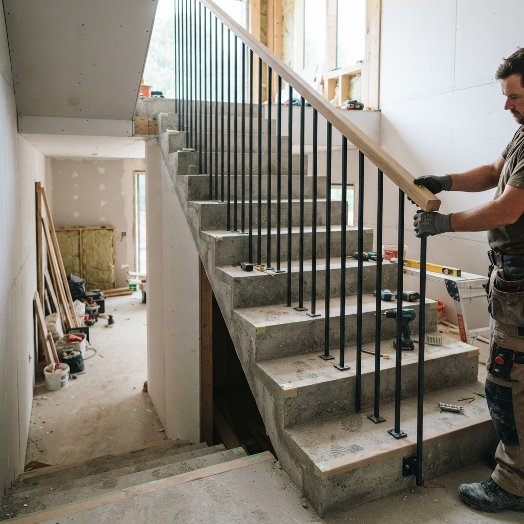 Staircase finishing — screeded steps with balustrade and handrail installation