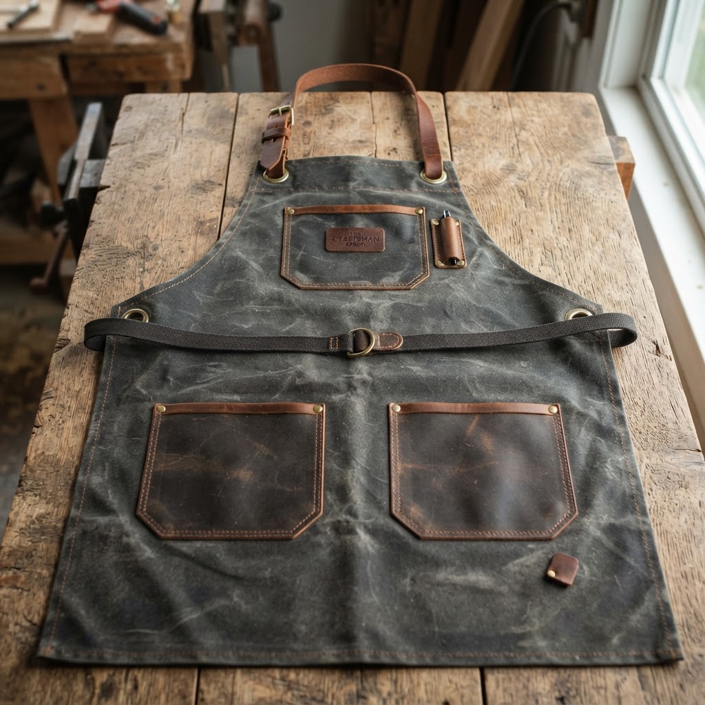 Heavy-duty waxed canvas tool bag open on a wooden bench with hand tools