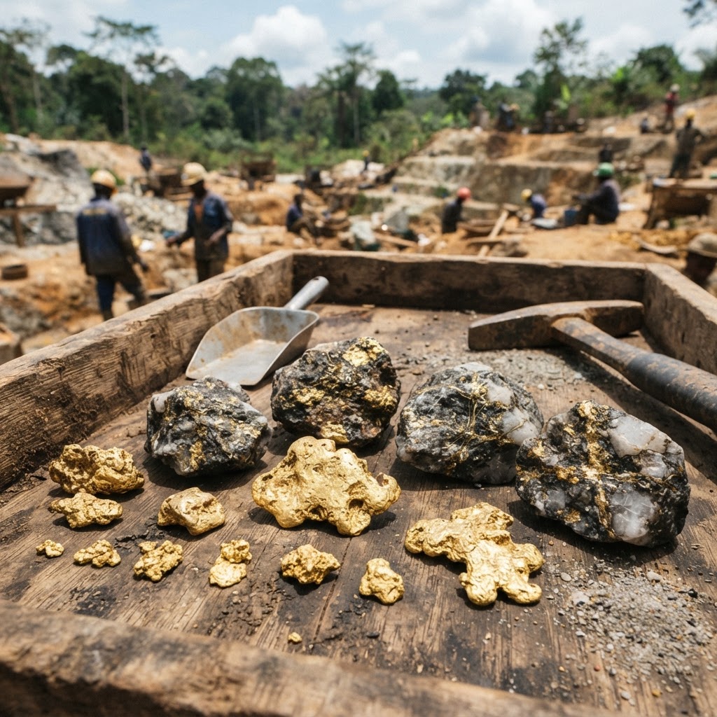 Gold nuggets and high-grade gold ore specimens from Mongbwalu mining operations, metallic glow