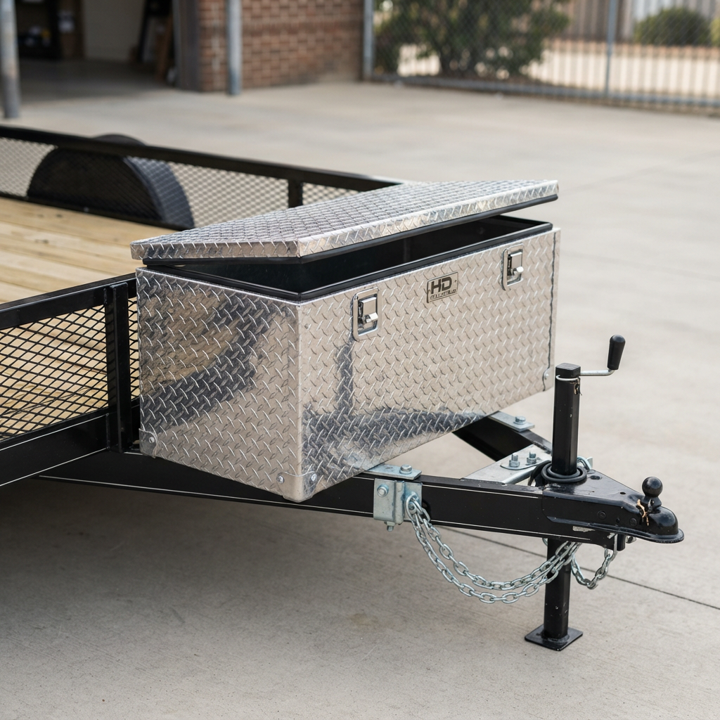 Aluminum storage box mounted on the tongue of an open utility trailer