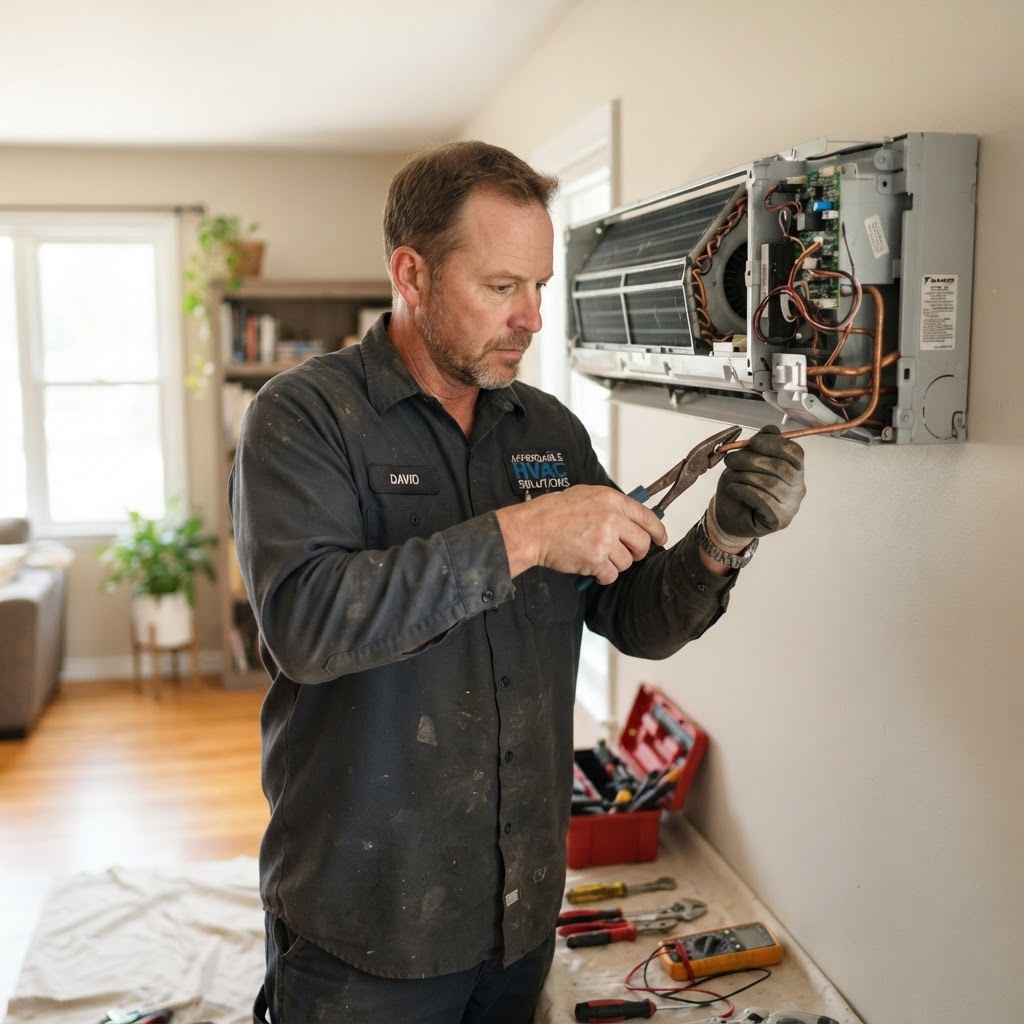 Technician in white hard hat servicing wall-mounted air conditioner unit