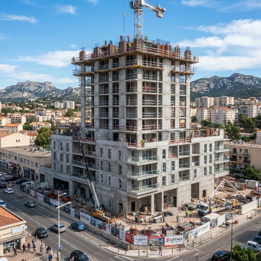 Construction neuve à Marseille et Aubagne, bâtiment en cours d'élévation, structure béton