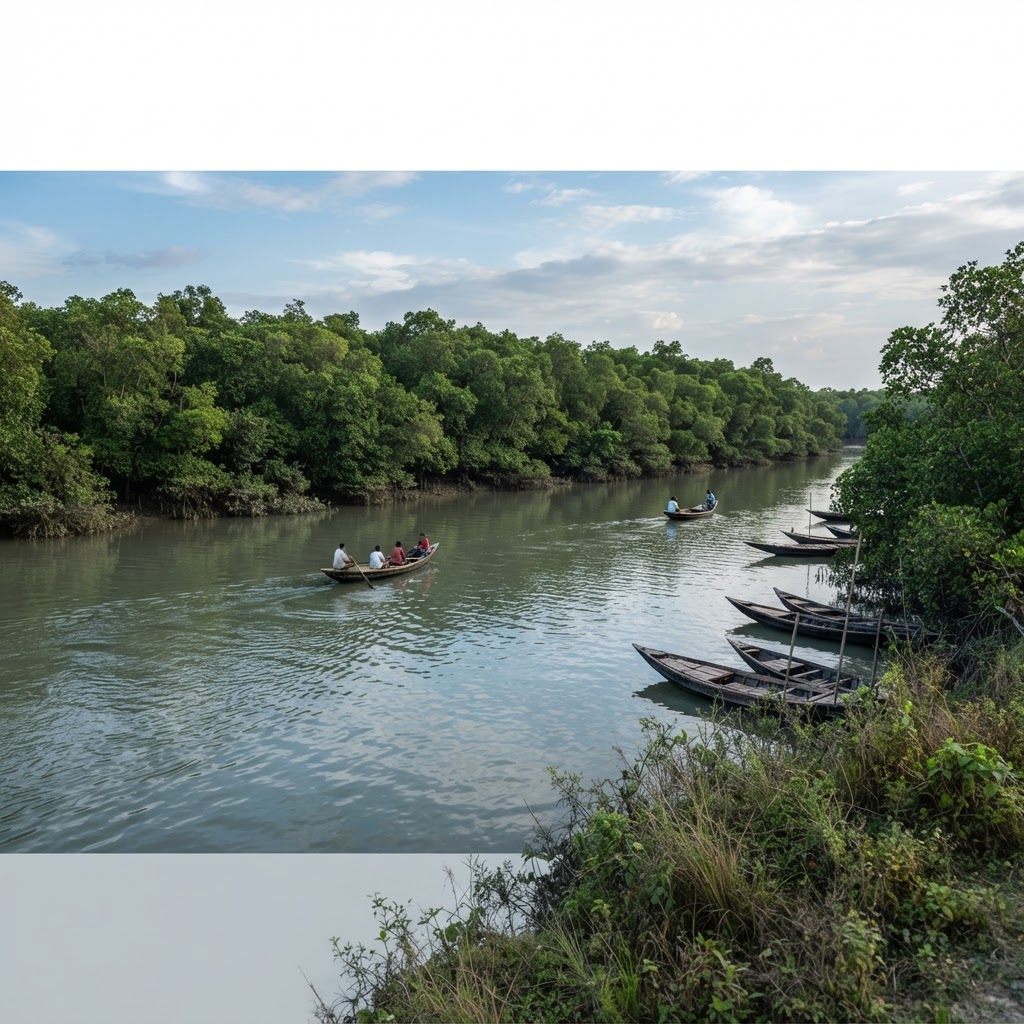 Taki riverside with mangrove forest and boats on the Ichamati river