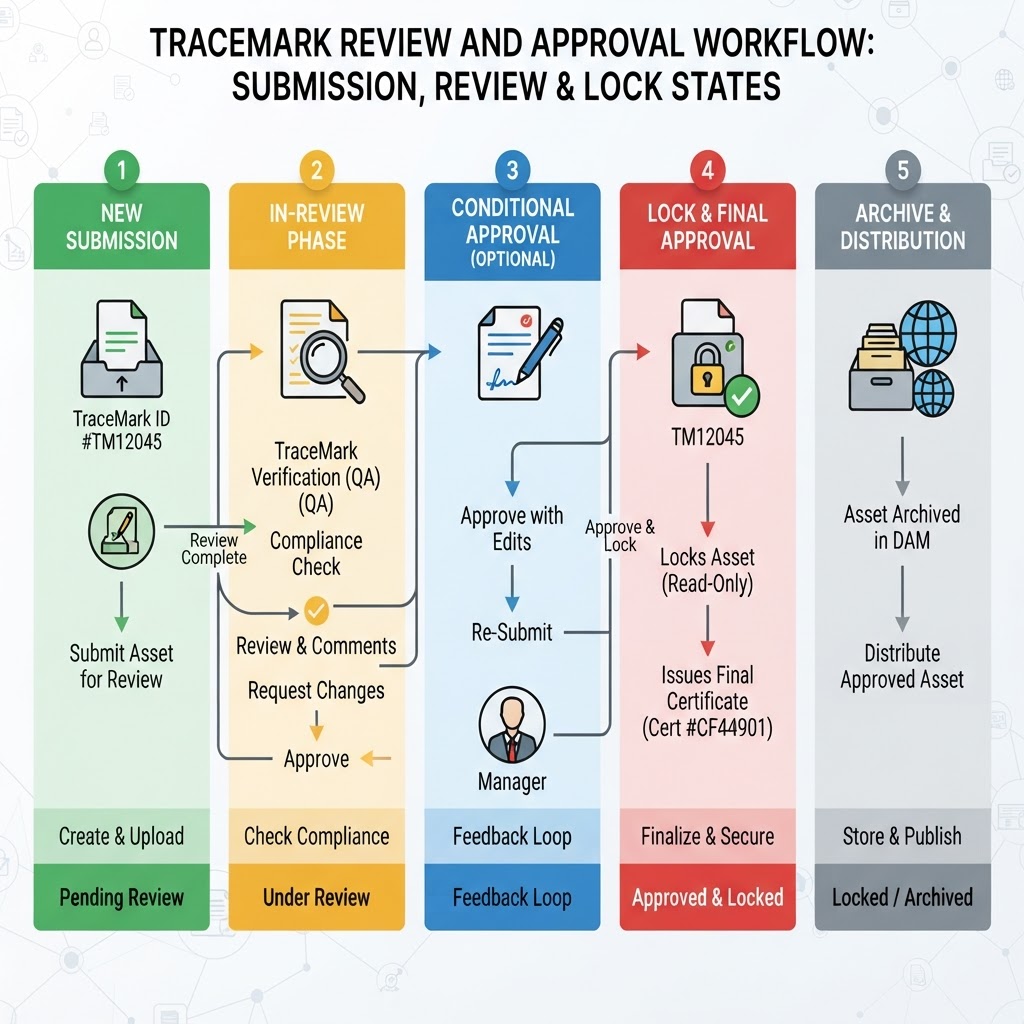 Tracemark review and approval workflow showing submission, review and lock states