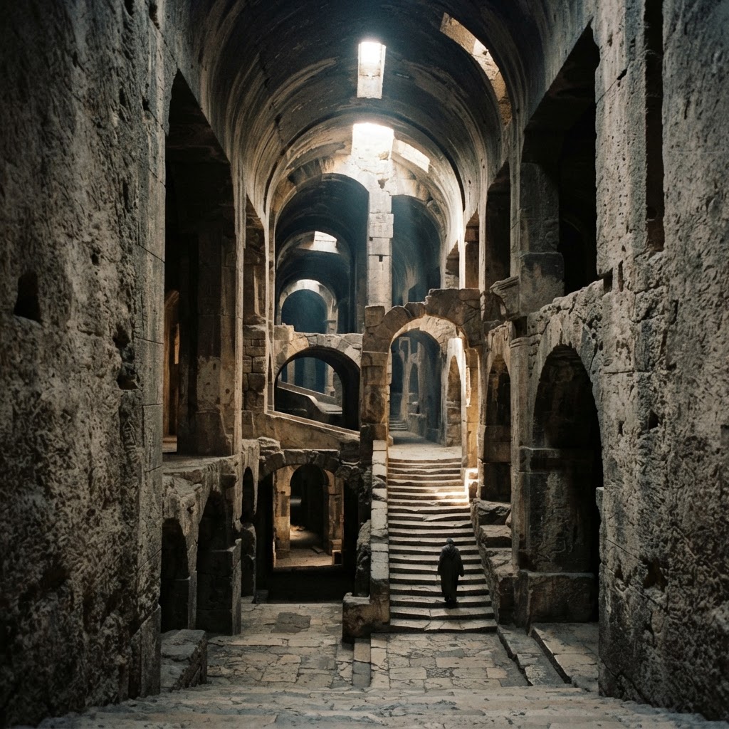 Deep time architectural space with layered light and shadow — generational permanence