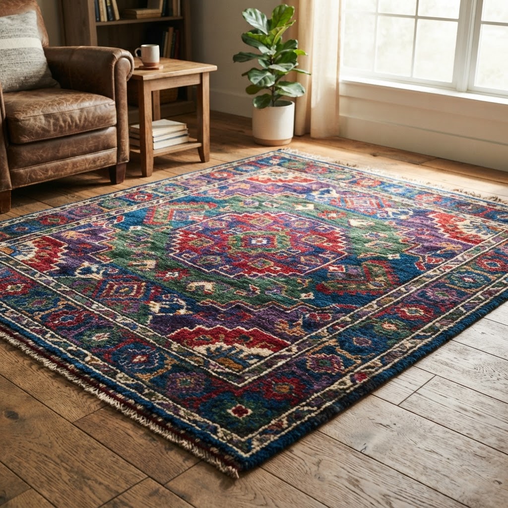 Indo-Tibetan rug with bold geometric pattern in deep jewel tones, thick pile, warm natural light