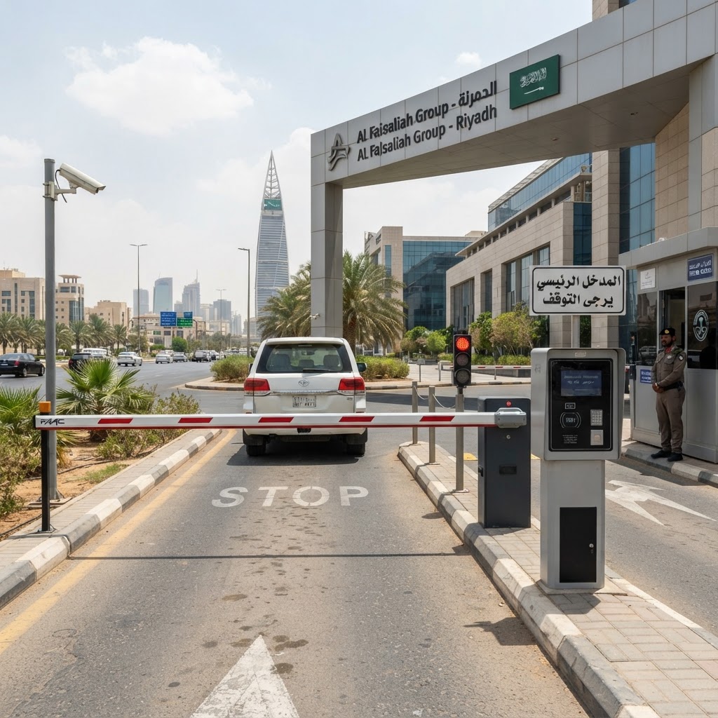 Automated gate barrier access control system installed at a commercial facility in Saudi Arabia