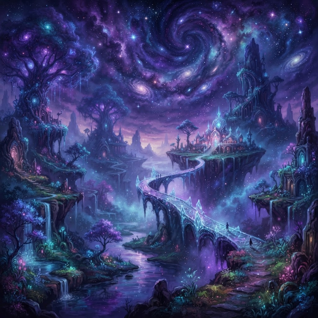 AI-generated dreamscape with deep violet and indigo atmospheric hues