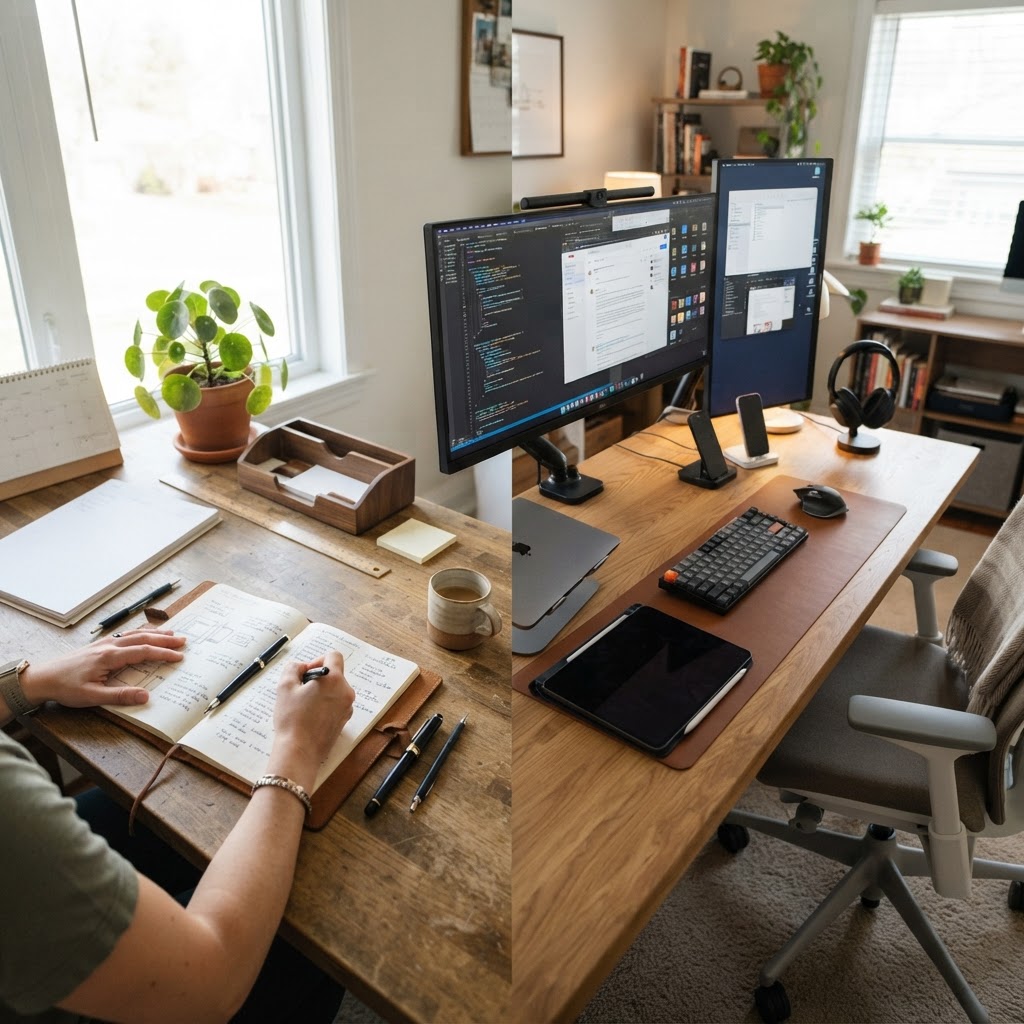 Split desk setup showing organized manual workflow on left and digital tools on right in natural office lighting