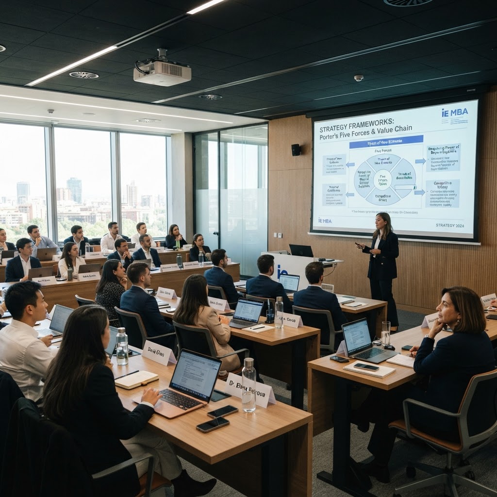 MBA business management program with strategy frameworks on bright screen in executive classroom