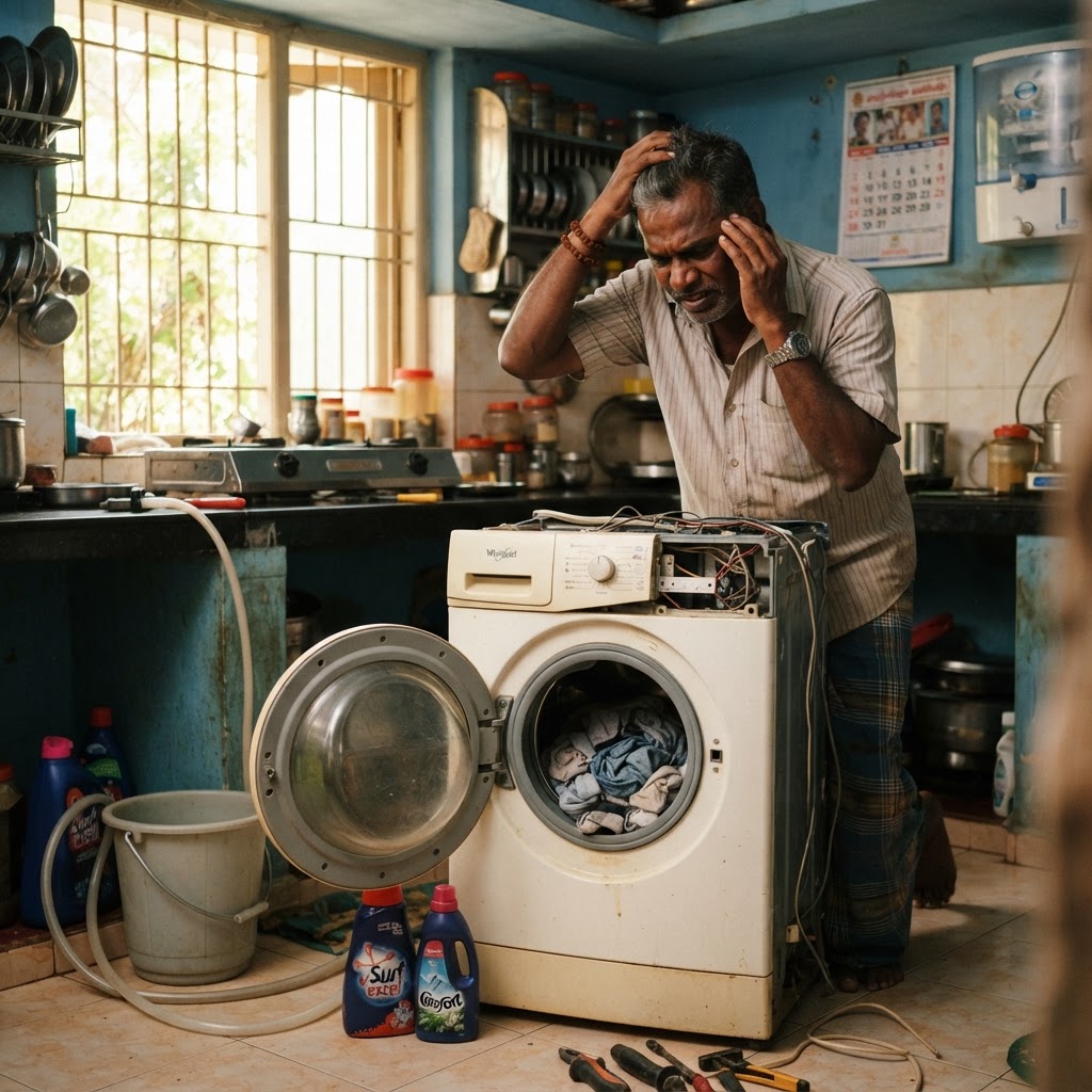 Homeowner in Chennai looking frustrated at a broken appliance, warm home interior, bright natural light