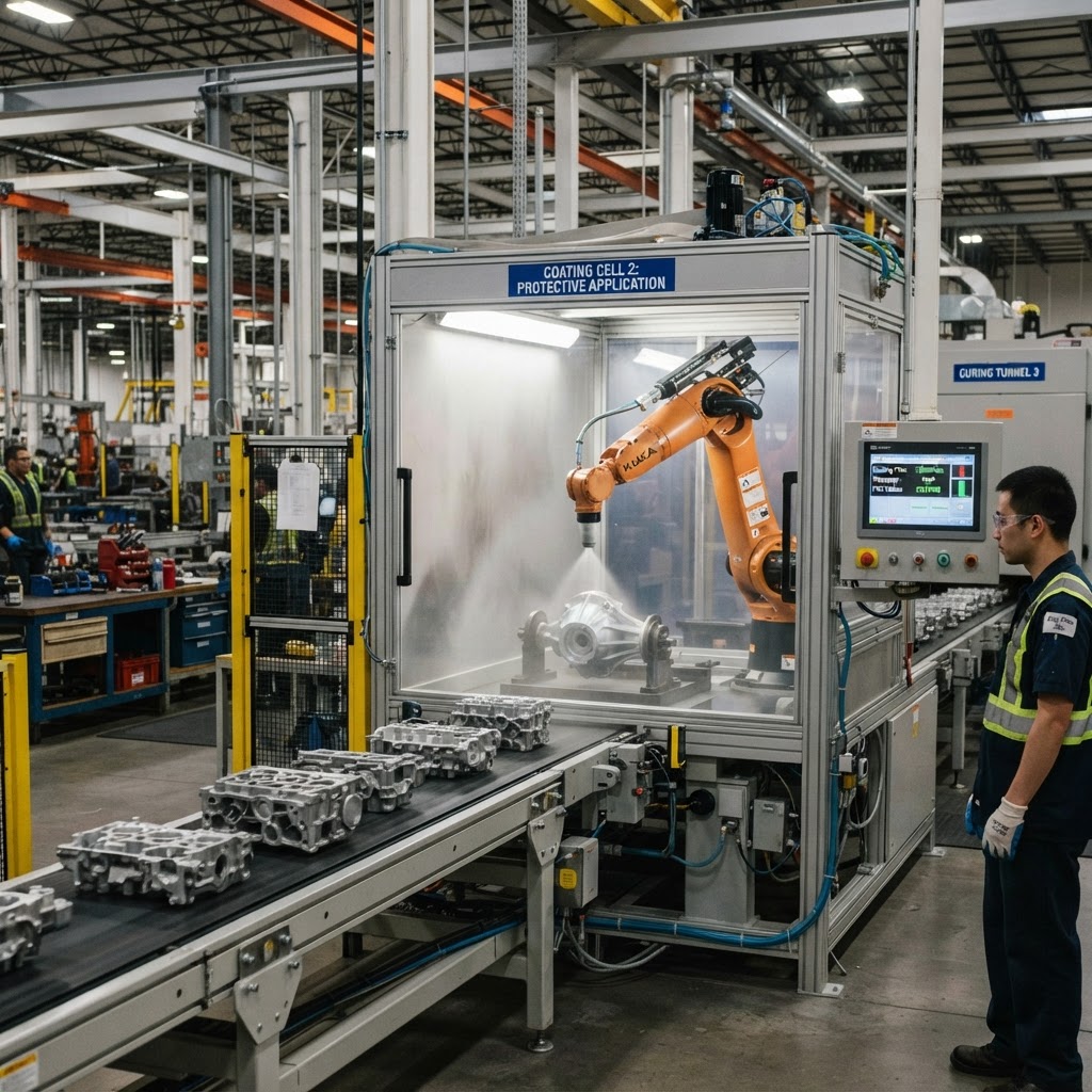 OEM manufacturing production line with equipment requiring consistent protective coating application
