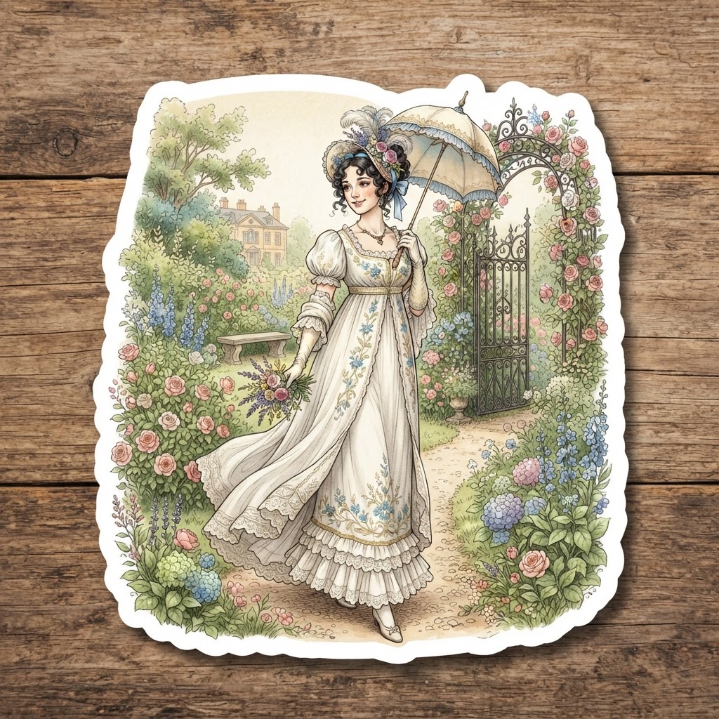 Portada clásica con ilustración de mujer victoriana en jardín