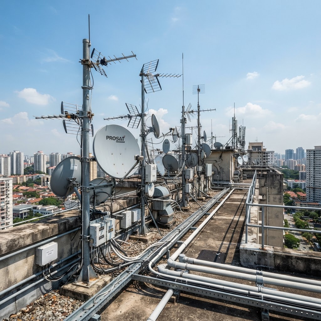SMATV satellite master antenna system on rooftop of residential tower with multiple dishes