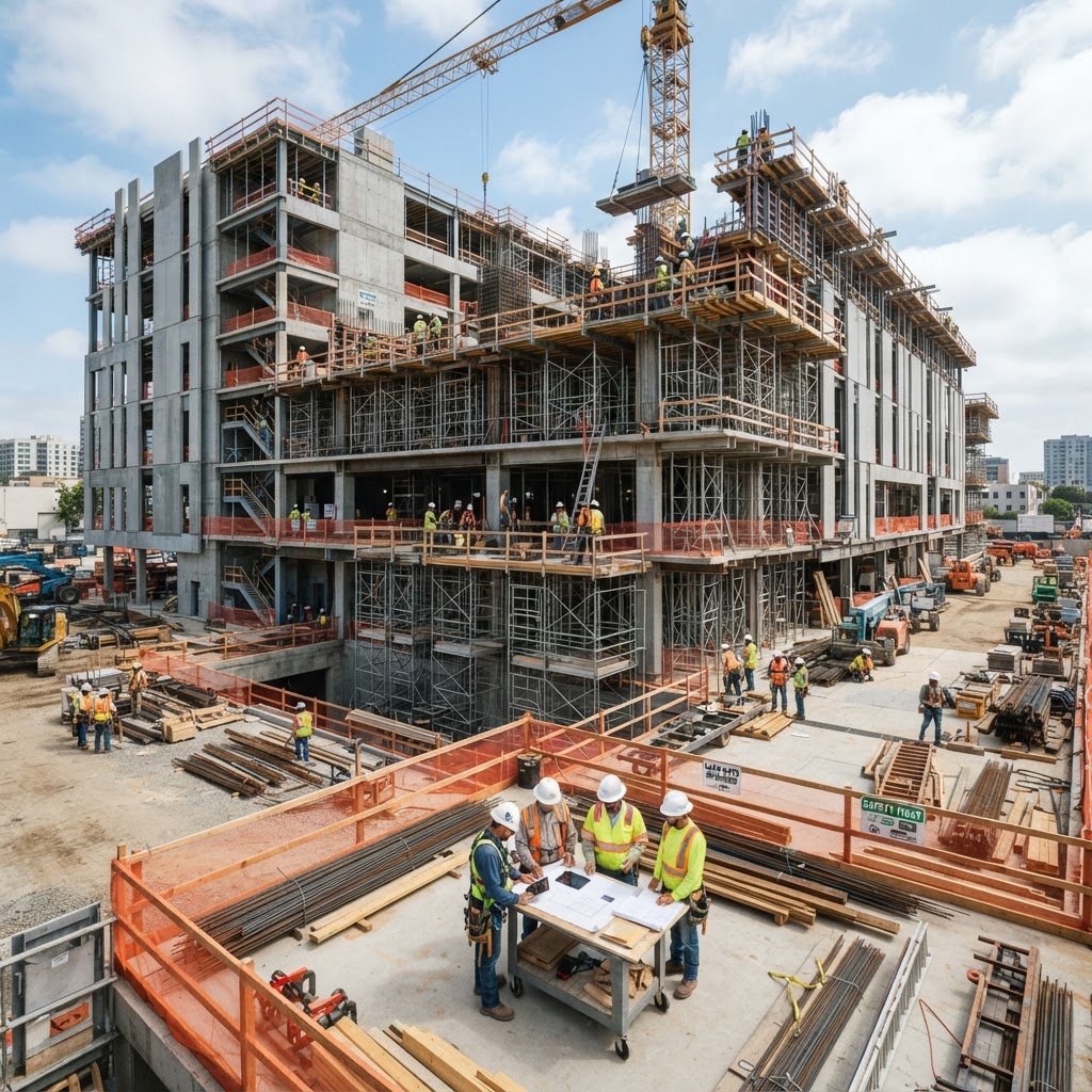 Institutional building construction with organized construction site, workers coordinating in professional setting