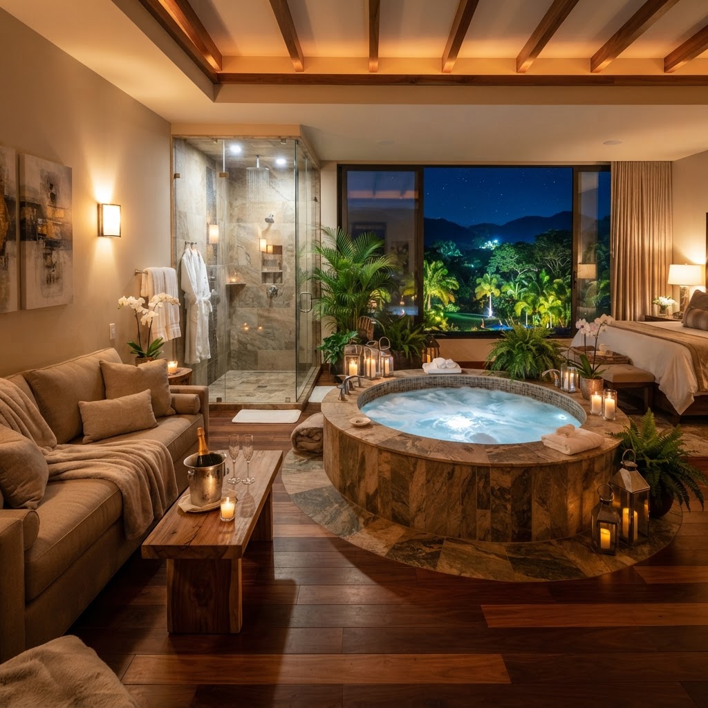 Private Jacuzzi suite with warm ambient lighting, premium hydrotherapy facilities and luxury spa furnishings at UNIQ International Thai Spa