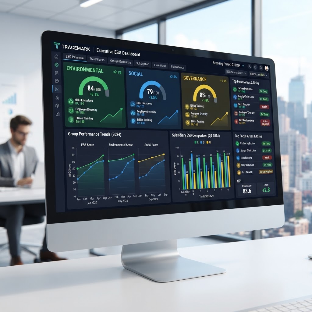 Tracemark executive dashboard showing ESG performance across pillars with trend charts and subsidiary comparison