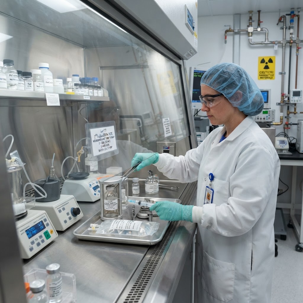 Radiopharmaceutical laboratory with lutetium-177 radioligand therapy preparation for neuroendocrine tumor treatment