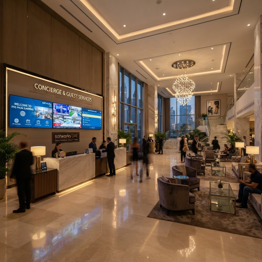 Luxury hotel lobby with IPTV and entertainment system installed by Satworks UAE