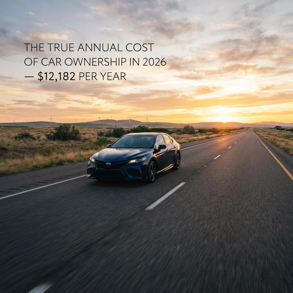 Car driving on open highway at sunset representing the true annual cost of car ownership in 2026 — $12,182 per year