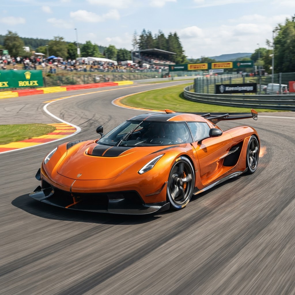 Modern hypercar on a track representing the Koenigsegg Jesko — 1,600 hp and the Light Speed Transmission