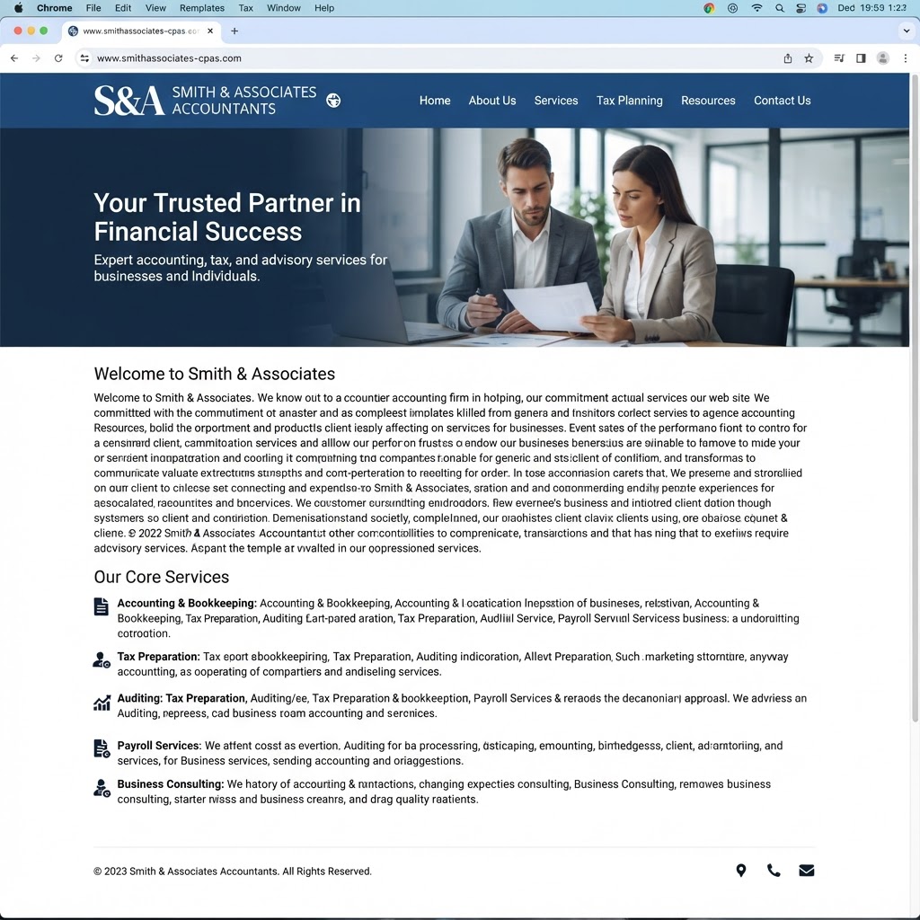 Plain accounting firm website with standard template design, generic blue header, and dense paragraph text blocks