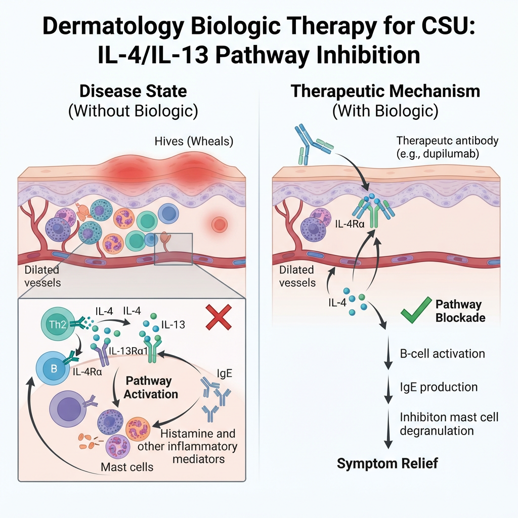 Dermatology biologic therapy research for chronic spontaneous urticaria hives treatment with IL-4 IL-13 pathway inhibition