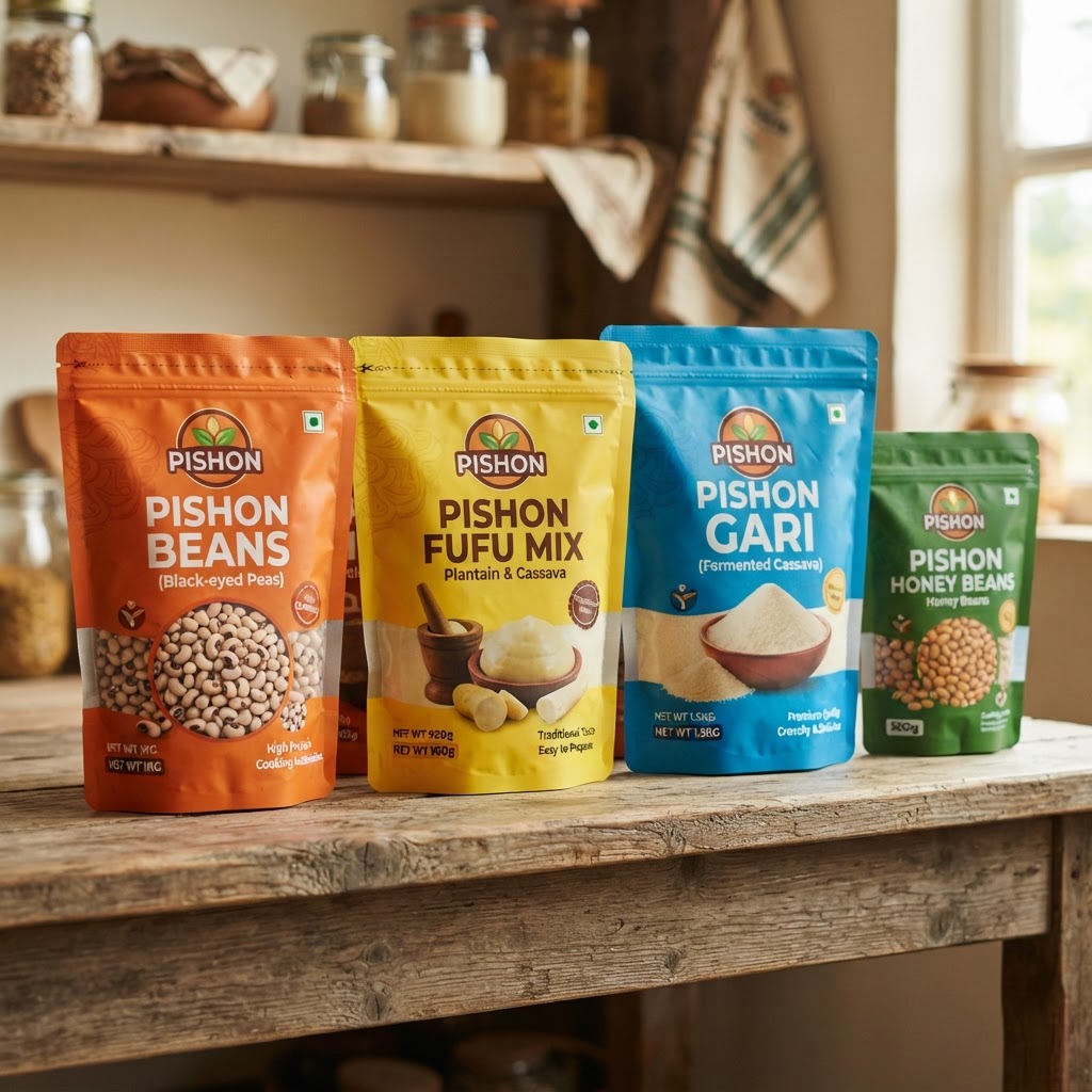 Multiple Pishon food product pouches displayed on a wooden shelf, including beans, fufu mix and gari