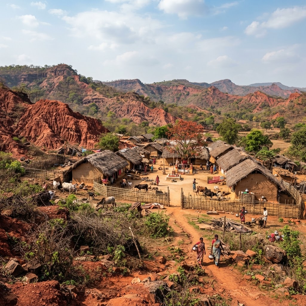 Purulia Ajodhya Hills with red laterite rocks and tribal village