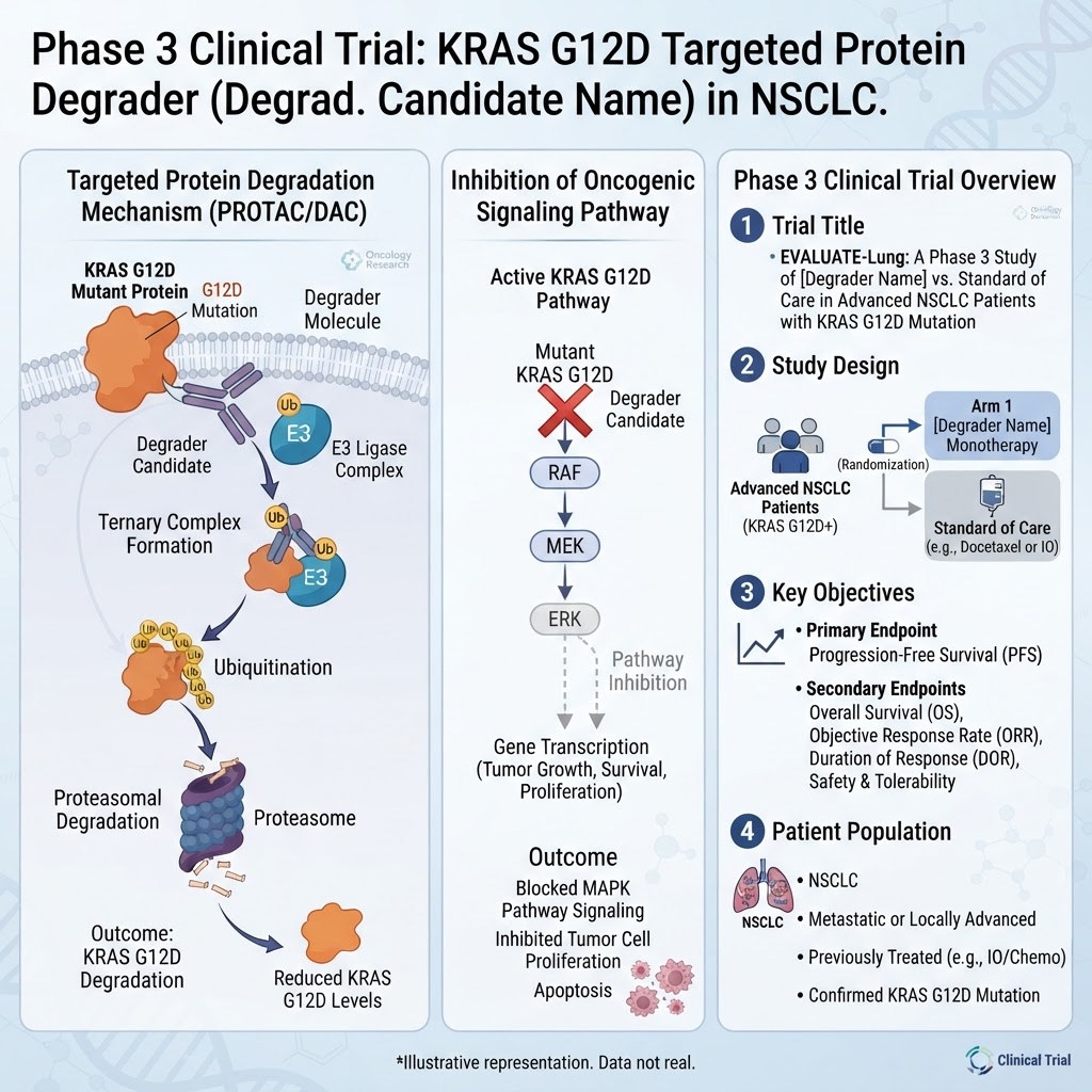 KRAS G12D targeted protein degrader oncology research for non-small cell lung cancer Phase 3 clinical trial with cancer cell signaling pathway inhibition
