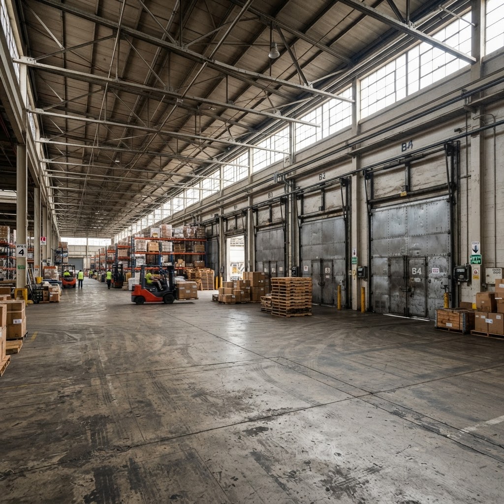 Industrial warehouse interior, bright overhead lighting, concrete floor, wide open space