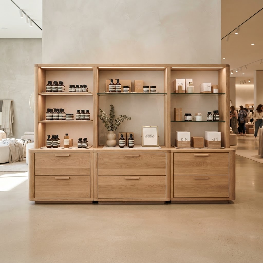 Custom oak display furniture in retail environment, clean lines, product presentation