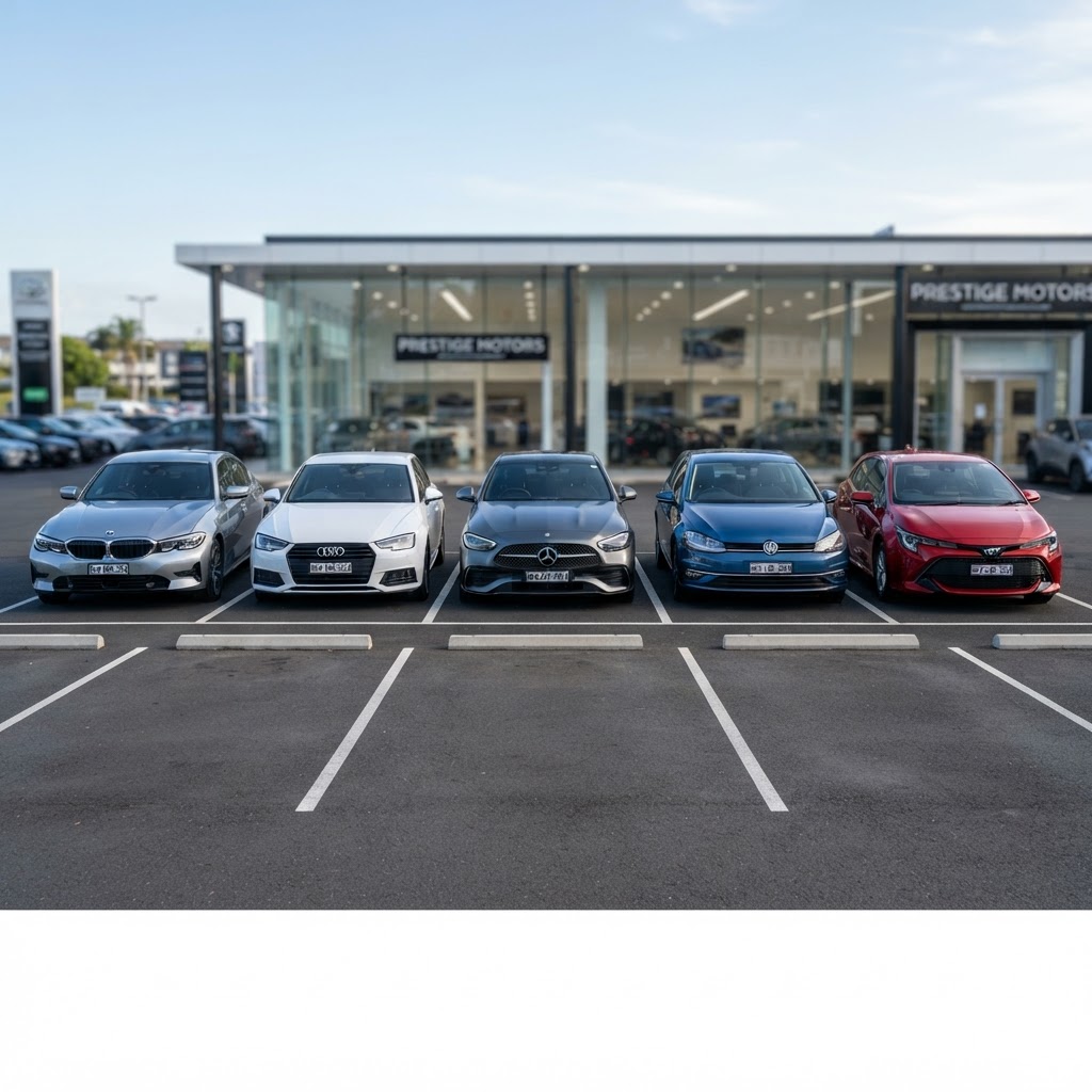 Row of new cars at a dealership lot — Global Vehicle Depreciation Statistics 2026 showing average 48% value loss in 5 years