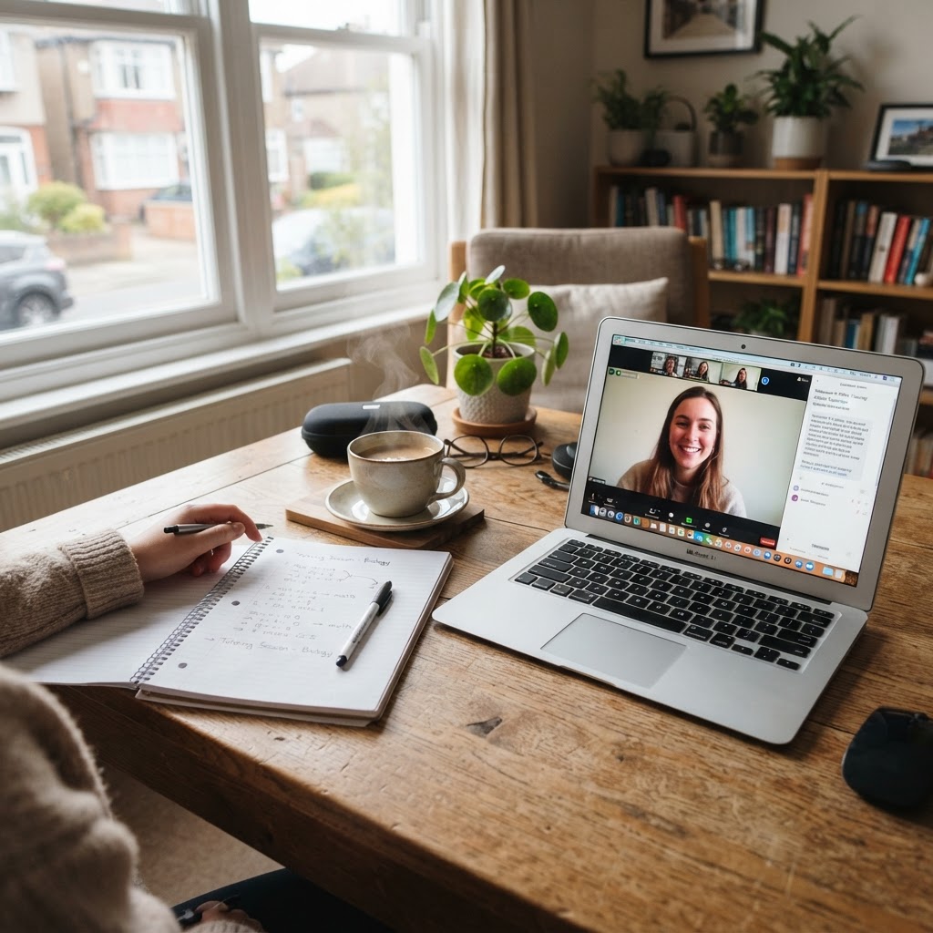 Tidy home workspace with a laptop and notebook set up for an online lesson