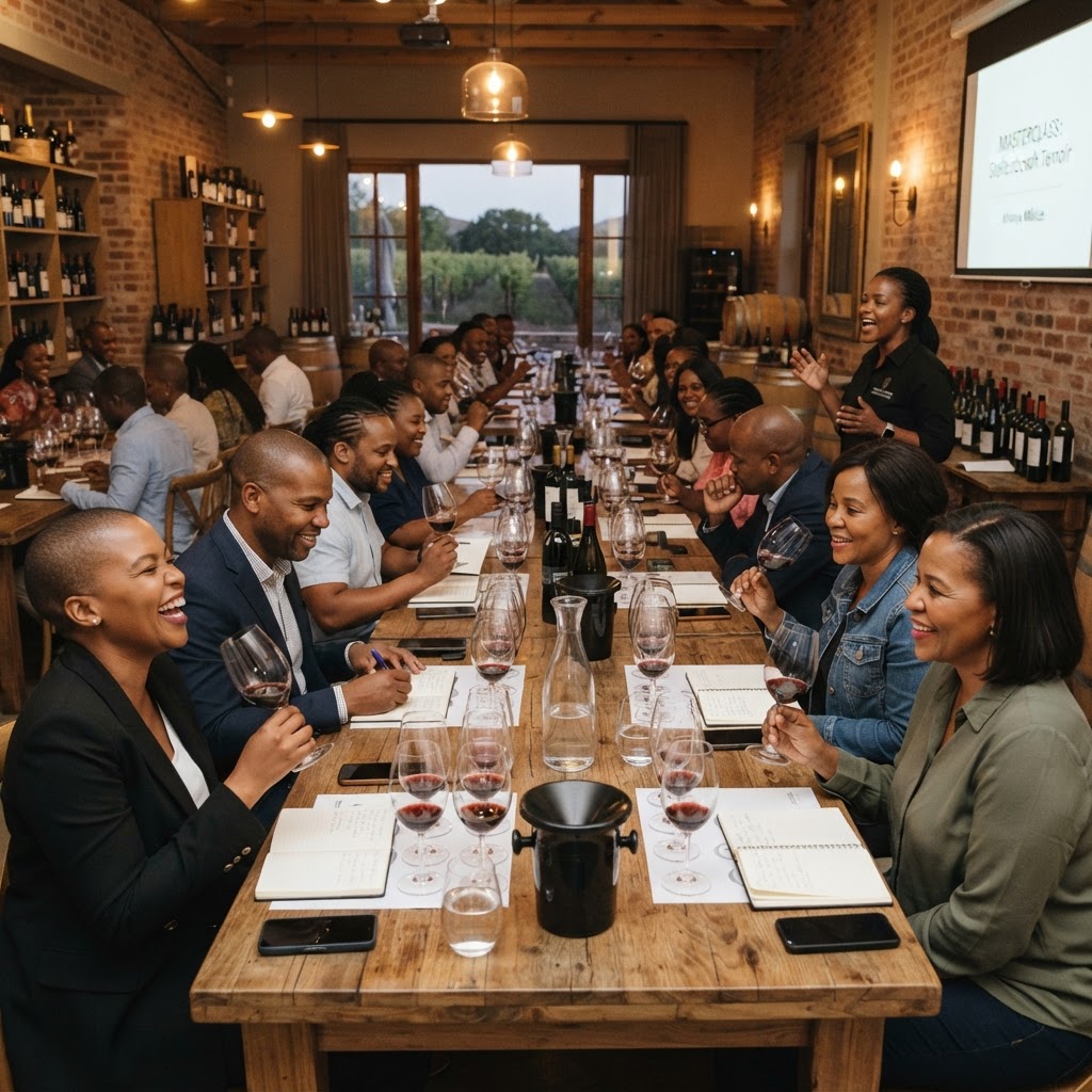 Participants africains lors d'une masterclass de dégustation de vin, ambiance éducative et élégante