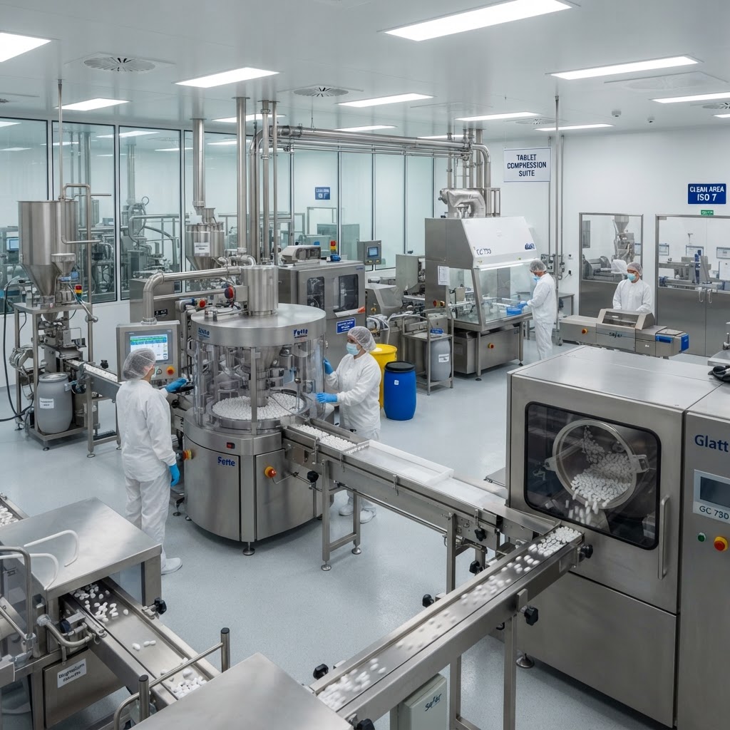 Pharmaceutical tablet manufacturing and lubrication process in production facility