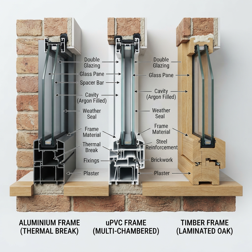 Side-by-side cross-sections of aluminium, uPVC and timber window frames