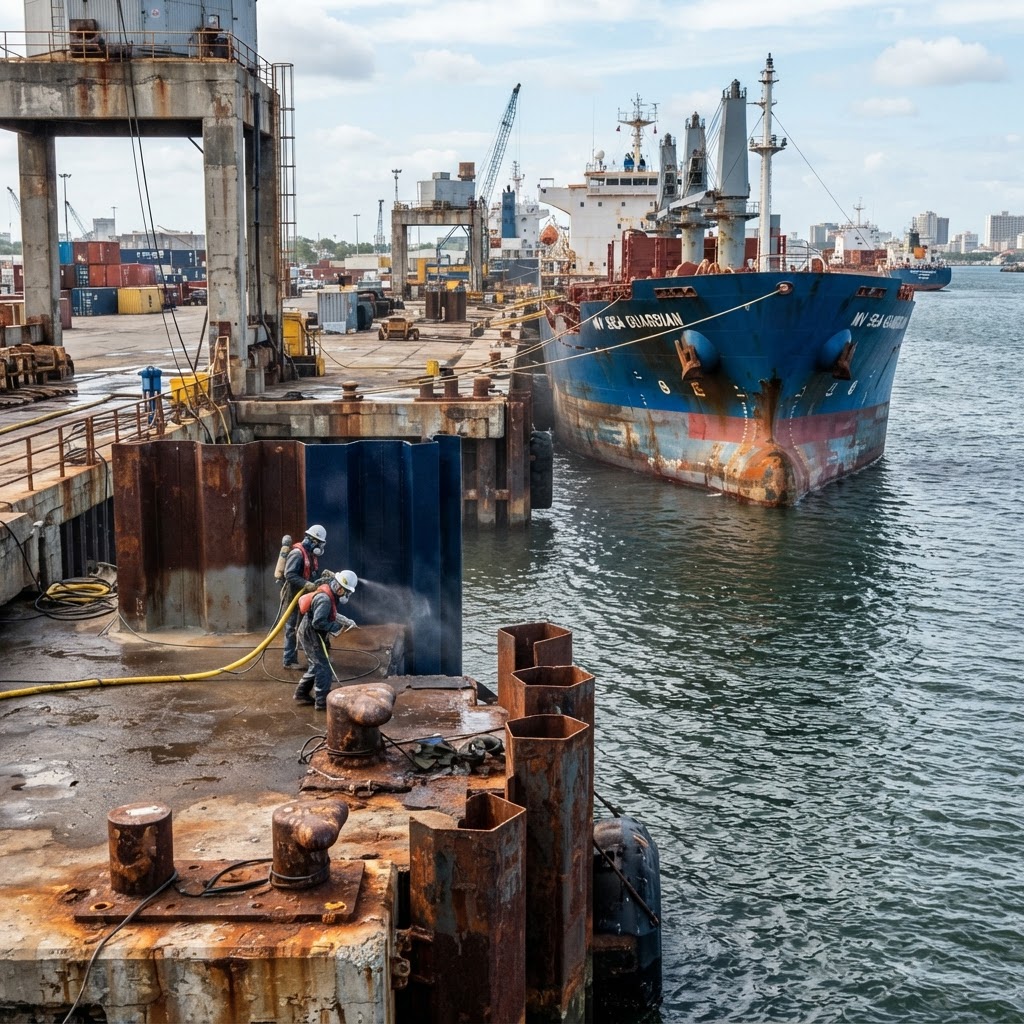 Marine dock and vessel infrastructure requiring corrosion-resistant protective coating for saltwater exposure