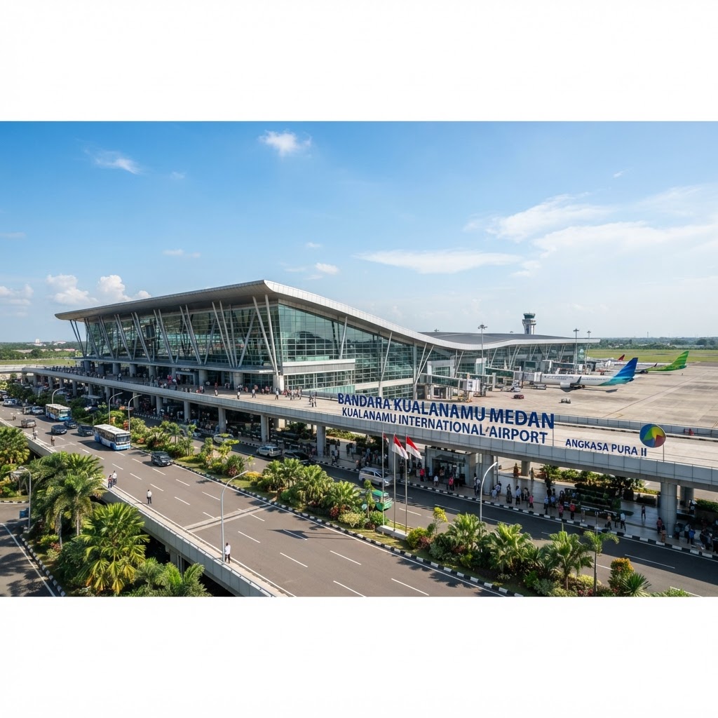 Bandara Kualanamu Medan tampak dari luar siang hari dengan langit cerah biru