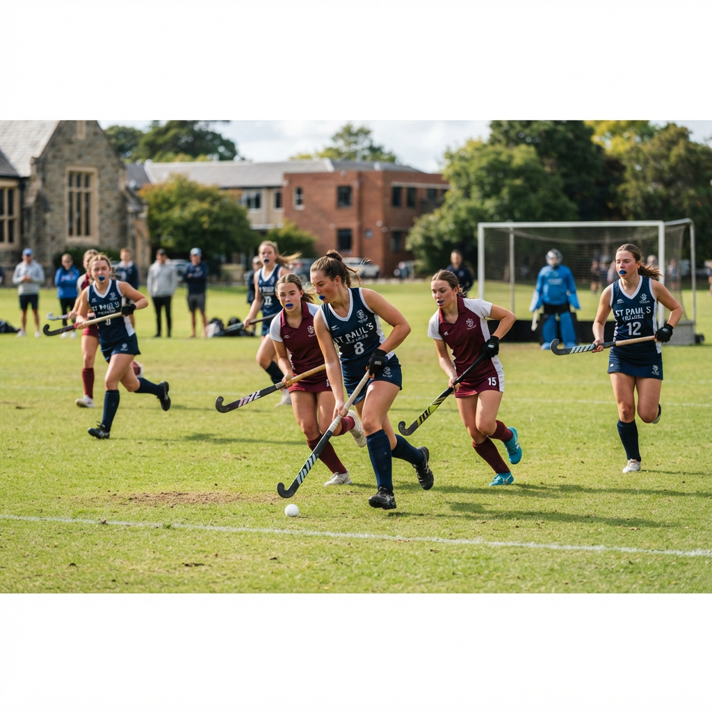 St Paul's College students playing field hockey
