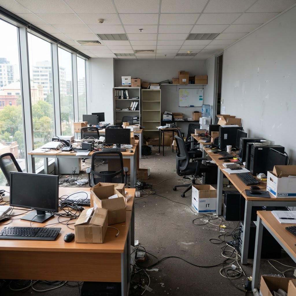 Small commercial office space with furniture and equipment ready to be cleared