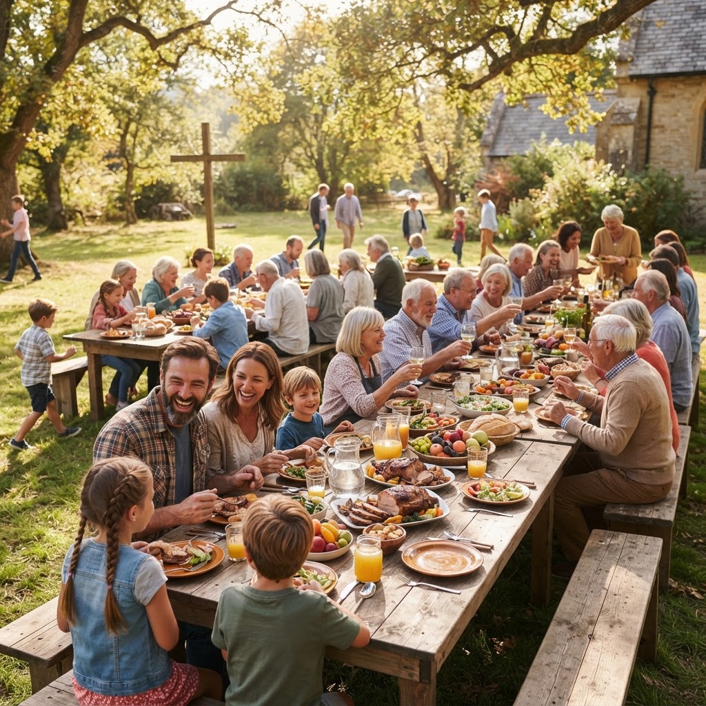 Family gathering around a long dining table with shared dishes