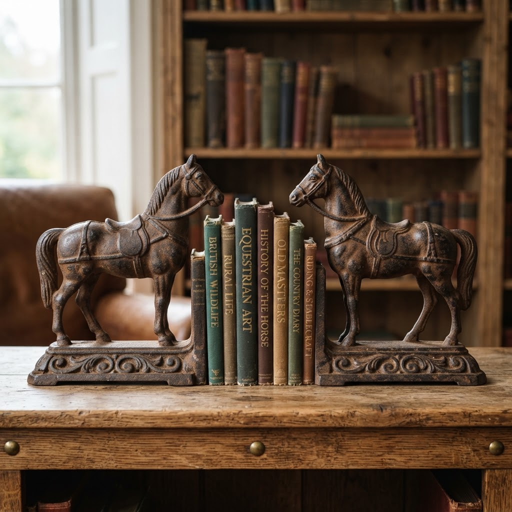 Pair of vintage cast iron horse bookends on wooden shelf
