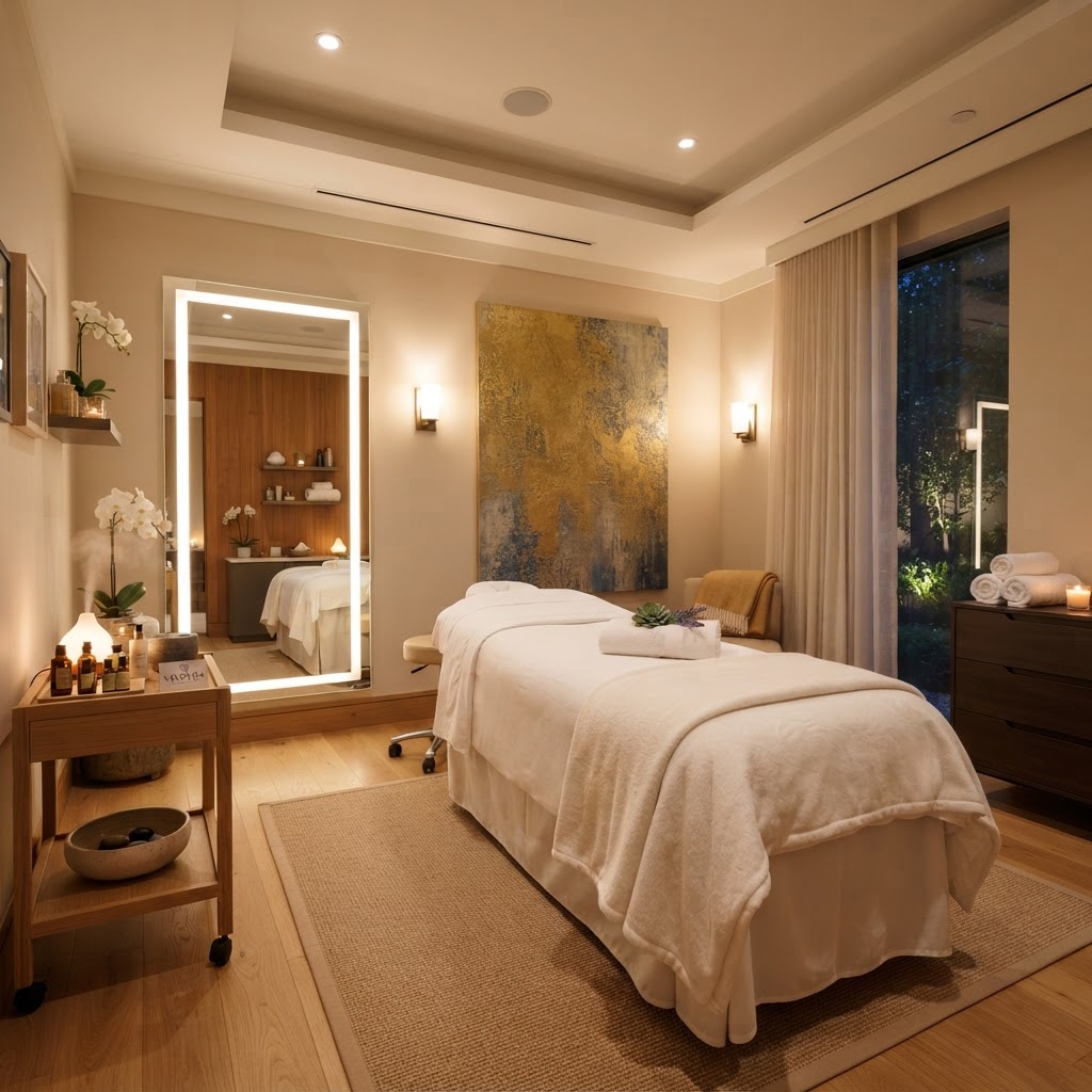 Premium spa treatment room at Veloura Luxury Spa, Koramangala — warm lighting, clean linens and a calm professional setting